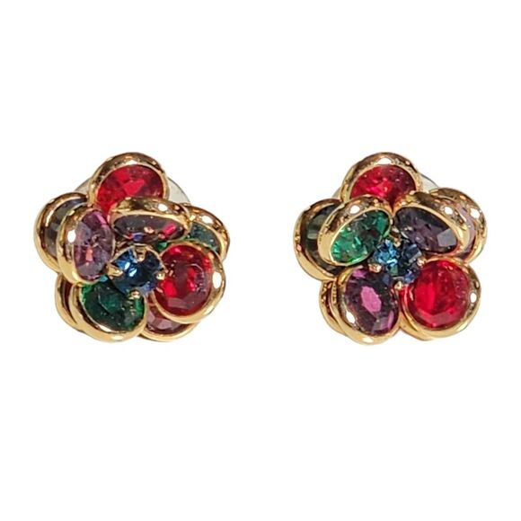 Vintage Savvy by Swarovski Multicolored Bezel Set Crystal Flower Stud Earrings - Picture 1 of 7